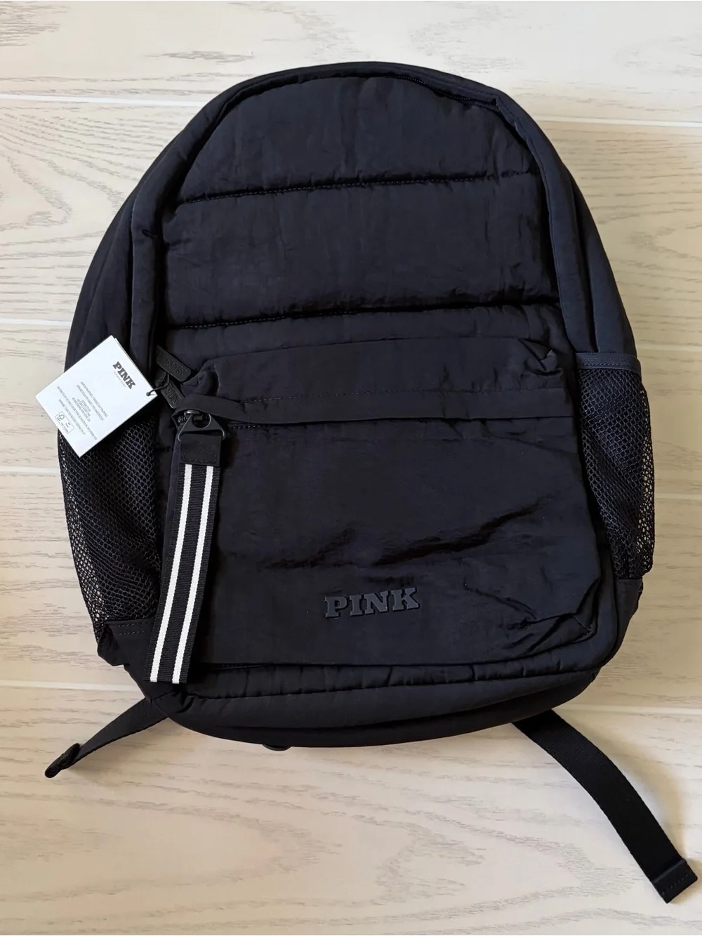 PINK Victoria's Secret Black Quilted Puffer Backpack with Stripe Accent